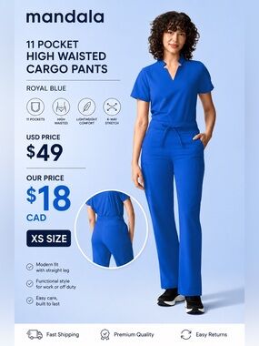 Mandala Royal Blue High-Rise Straight Leg Cargo Pants - Women's XS